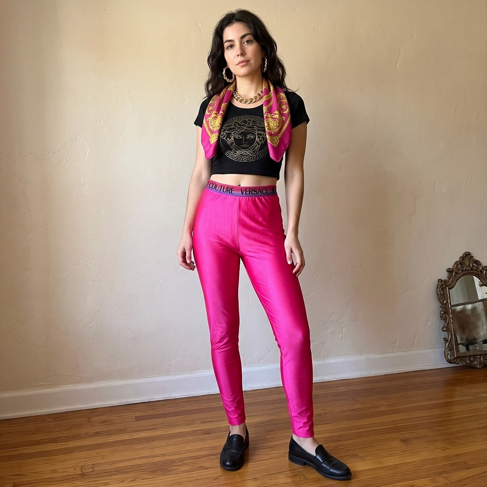 Versace Jeans Couture Womens Leggings Small Pink Metallic Logo Waistband Street